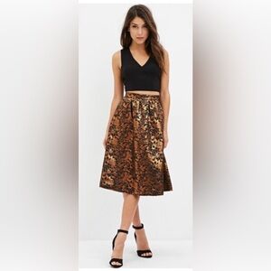 Forever 21 Black and Bronze Jacquard Midi Skirt